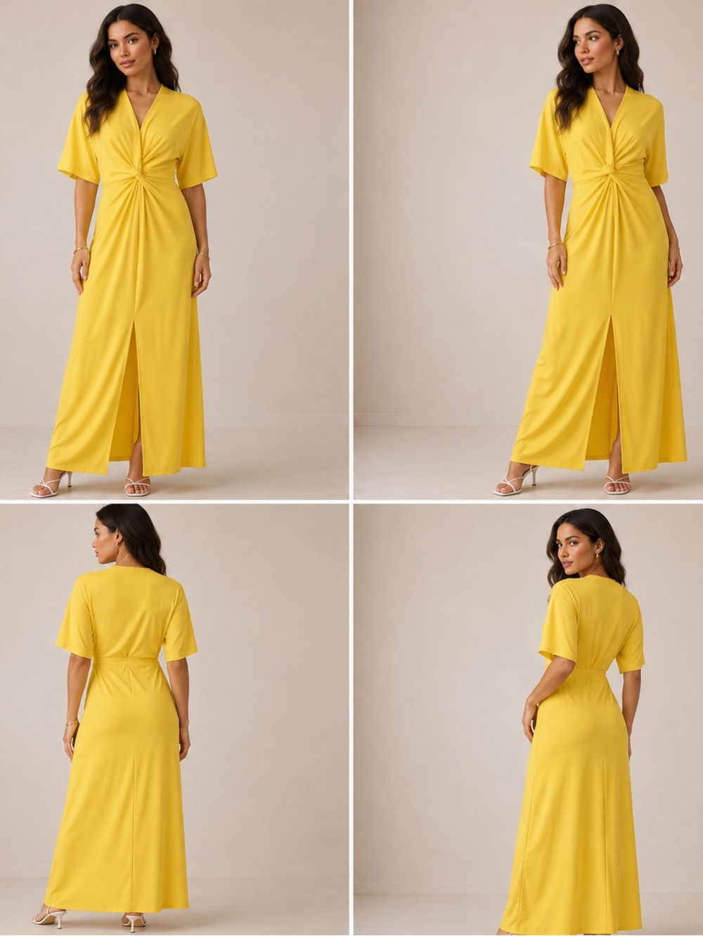 XL bright yellow twist front midi maxi dress / flutter sleeve stretch knot